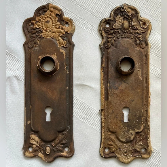 Vintage Ornate Knob Plates Set Of 2 Reclaimed Decorative Early 1900s 8” Long
